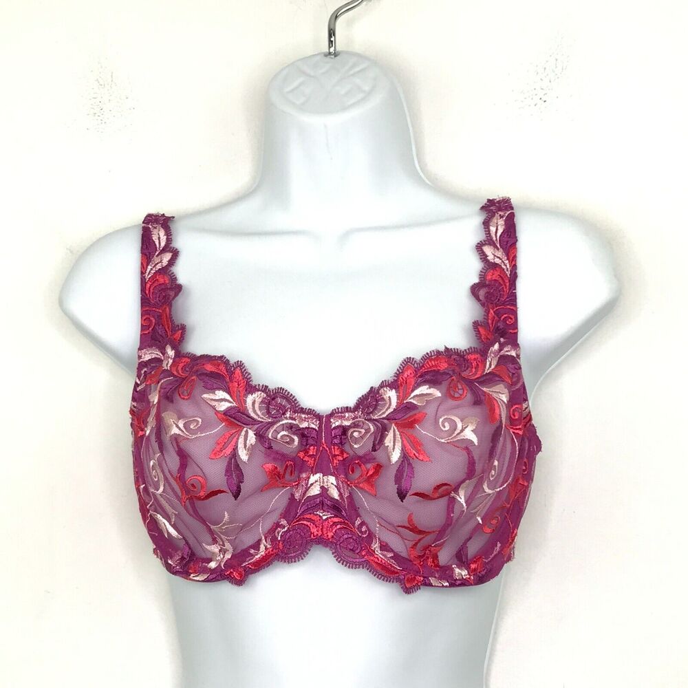 Soma 34D Bra Purple Sensuous Lace Unlined Scroll Embroidered Mesh Minimizer CG1